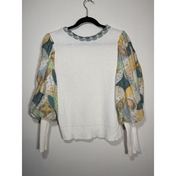 FATE Balloon Patchwork Puff Sleeves Cream Sweater Boho Cottagecore Size Medium - Picture 2 of 7
